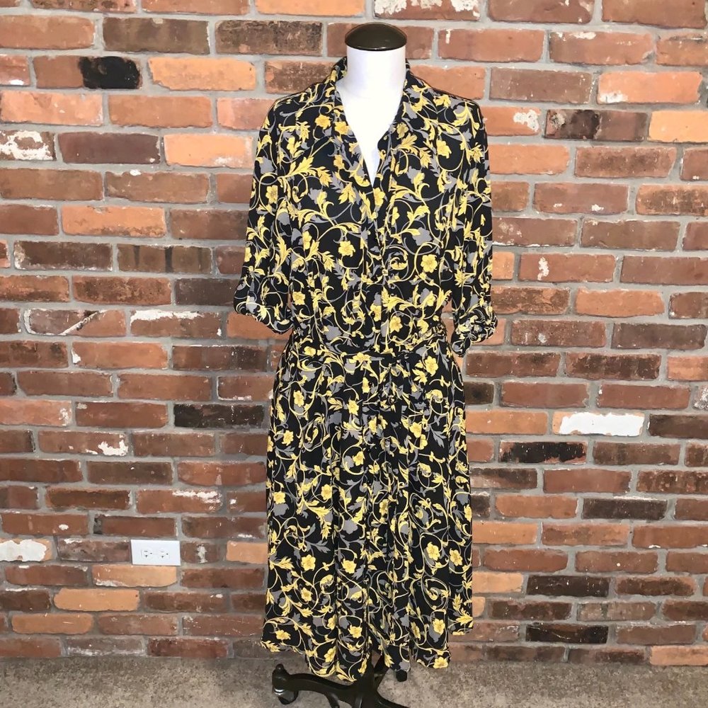 Nanette Lepore Black Floral Button Up Belted Dress Size 14
